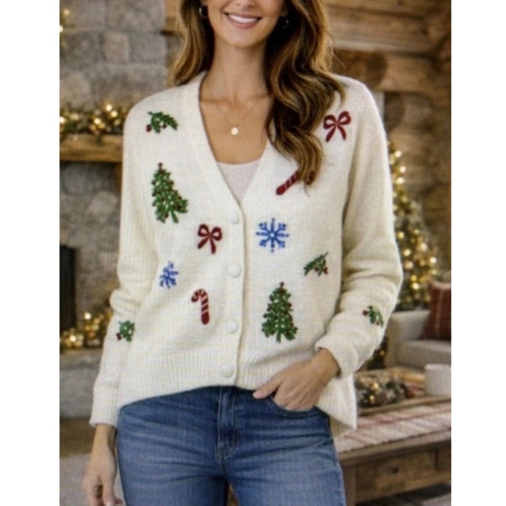 Cupcakes and Cashmere Christmas Embroidered Cardigan Sweater Cream XS Holiday